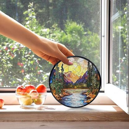 kdqua Mountain Suncatcher Stained Glass Window Hanging, Nature Sunset River Landscape Sun Catchers Indoor Window Glass Round Wall Decor, Mountain Wall Art Hanging Decorations Statues, 7.9x7.9in