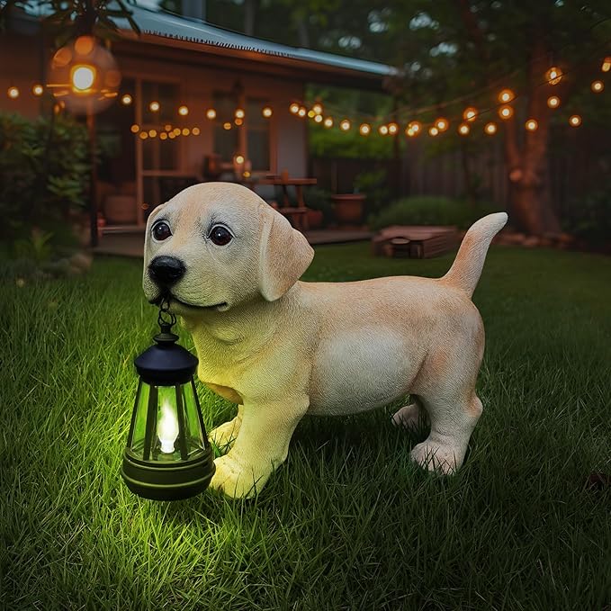 Labrador Dog Garden Statue with Solar Lantern & Interchangeable Welcome/On Patrol Sign, Cute Puppy Outdoor Decor Resin Animal Figurine for Yard, Patio, Lawn, Porch, Gifts for Dog Lovers