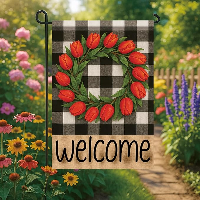 Buffalo Plaid Welcome Wreath Garden Flag 12x 18 Inch Double Sided Tulip Flower Flag Spring Outdoor Fall Autumn Farmhouse Outdoor Small Decor for Porch Lawn Patio Yard