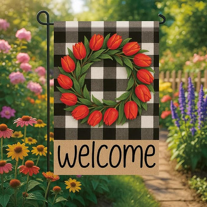 Buffalo Plaid Welcome Wreath Garden Flag 12x 18 Inch Double Sided Tulip Flower Flag Spring Outdoor Fall Autumn Farmhouse Outdoor Small Decor for Porch Lawn Patio Yard