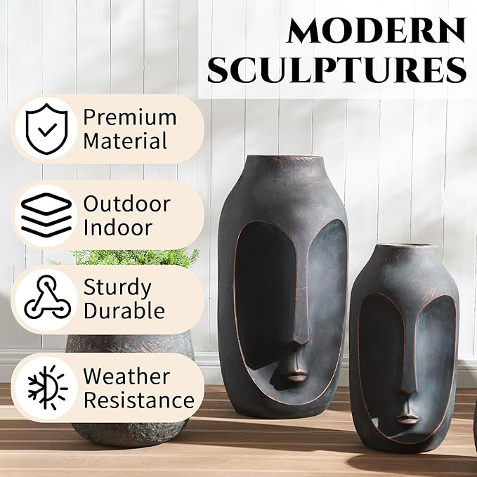 Wallowa Large Statue & Set of 2 Artificial Stone Figures, 28"-20" Modern Art Sculptures for Home, Porch, Backyard & Living Room Decor, Bronze