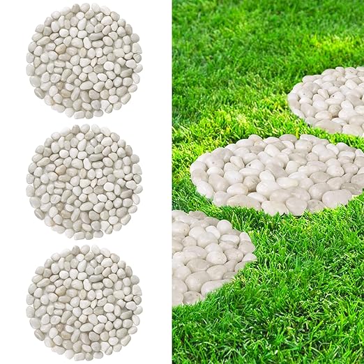 River Rock Stepping Stones Outdoor for Garden Walkway, 12 inch Diameter 3 Pcs Round Shape Paver Step Stones Polished Pebble River Stone Mat for Yard Lawn Patio Pathway Walk Way - White