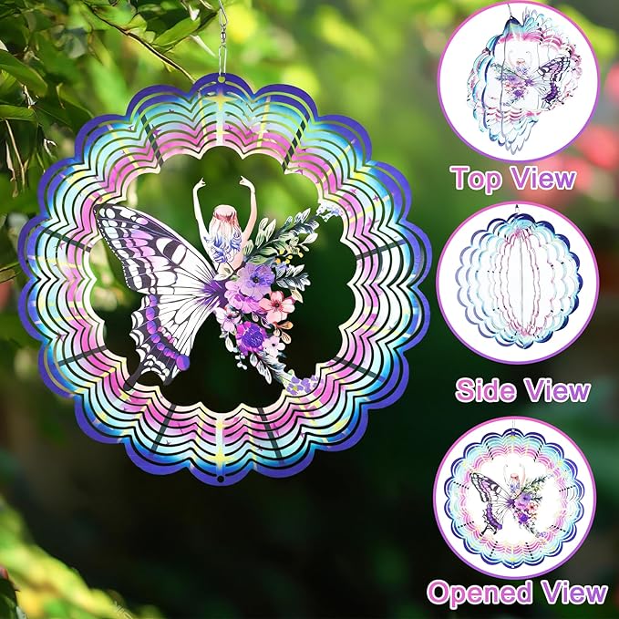 Wind Spinner Mandala 12 inch 3D Stainless Steel Laser Cut Metal Art Geometric Pattern Hanging Wind Spinner (Butterfly)