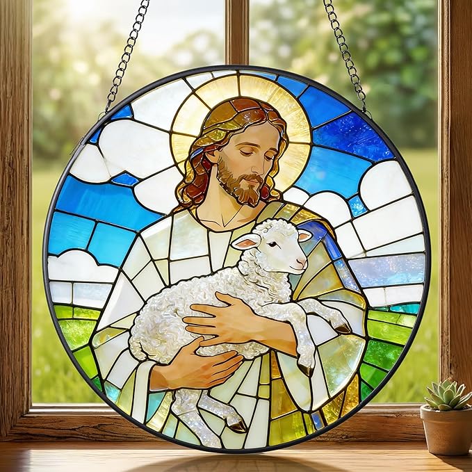 Stained Glass Window Hanging 7.9'' Jesus and Sheep Sun Catchers Stained Glass Suncatcher for Windows He is Risen Resurrection of Jesus Gift for Religious Christian Gifts Home Decor
