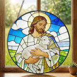 Stained Glass Window Hanging 7.9'' Jesus and Sheep Sun Catchers Stained Glass Suncatcher for Windows He is Risen Resurrection of Jesus Gift for Religious Christian Gifts Home Decor