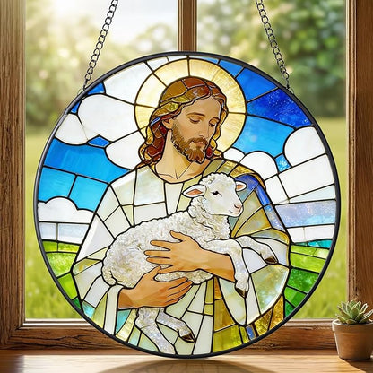 Stained Glass Window Hanging 7.9'' Jesus and Sheep Sun Catchers Stained Glass Suncatcher for Windows He is Risen Resurrection of Jesus Gift for Religious Christian Gifts Home Decor