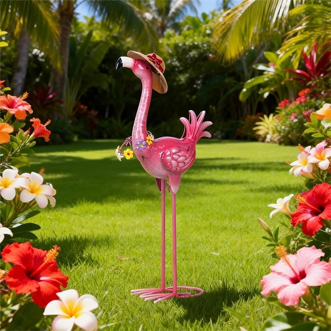 Natelf Flamingo Metal Garden Statue Outdoor Pink Hawaii Flamingo Yard Art Sculpture Decor with Flower Lei & Straw Hat, Waterproof Rust-Proof Lawn Decor for Patio, Poolside, Tropical Party