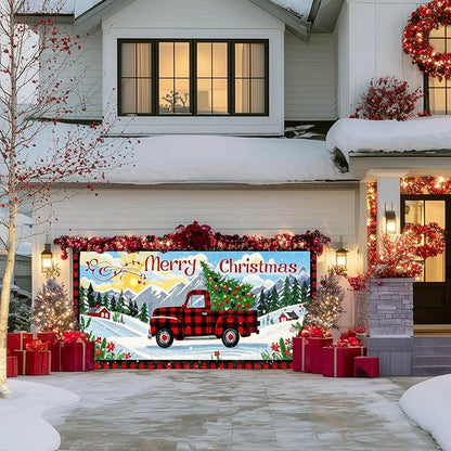 IVN Christmas Garage door banner Red Plaid Truck Christmas Tree Winter Mountain Scene Door Cover Indoor And Outdoor Studio Background Hanging Decoration 13x6ft