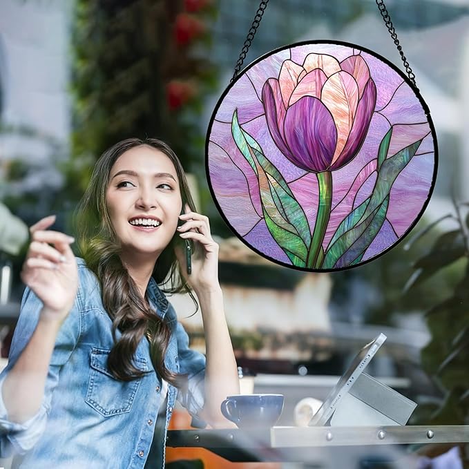 DASTOLL Stained Glass Window Hanging Purple Tulips Flower Large 15" - Suncatcher Door Garden Sun Catcher Home Decor Birthday Mother's Day for Mom Men Woman Parents Her Nana Friend