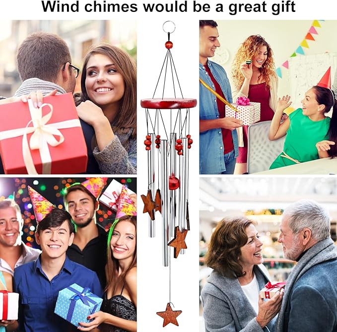Star Wind Chimes Outdoor Outside Decor for Patio Porch Garden Memorial and Sympathy Windchime Silver
