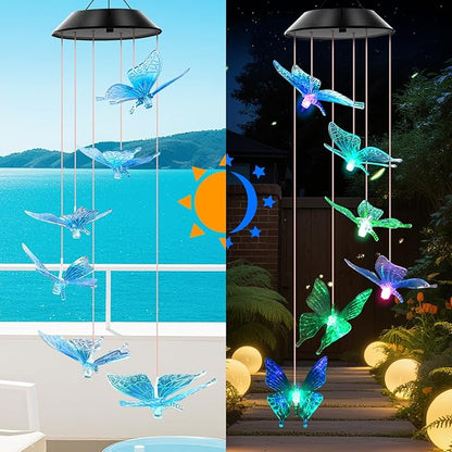 WENANA Blue Butterfly Solar Wind Chimes Color Changing Lights Outdoor, Best Gifts for Mom Grandma Women Wife Aunt Daughter Sister, Unique Mobile Wind Chime, Gardening Yard Decorations