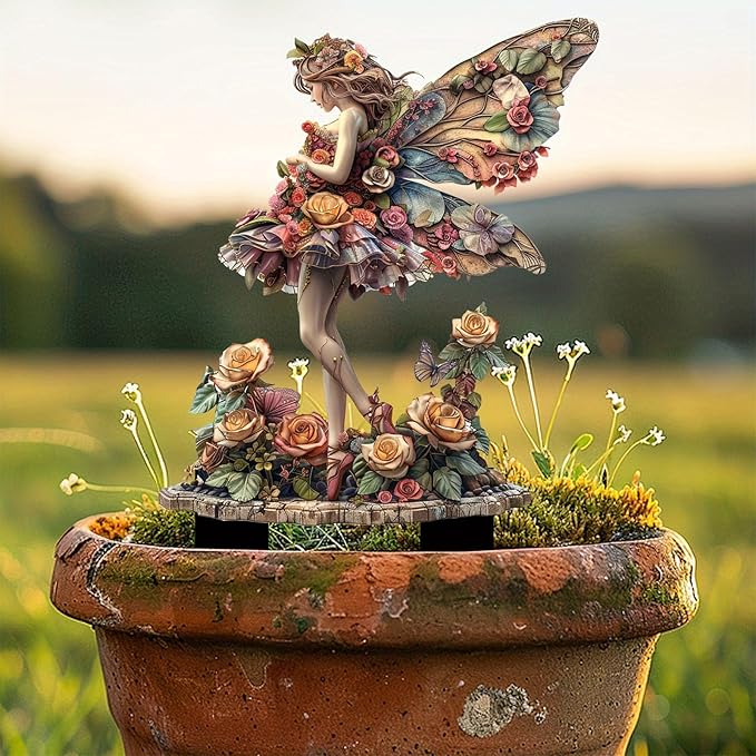 Flower Fairy Garden Stake Decor, 2D Flat Acrylic Elf Garden Sign with Stake, Fairy with Magic Sign for Indoor Outdoor Yard Lawn Balcony Pot Plants (Rose Fairy)