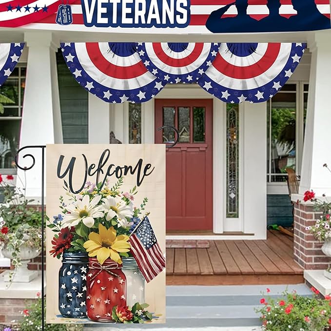 4th of July Mason Jar Flowers Summer Garden Flag 12x18, Patriotic Celebration Double-Sided Decorative Burlap Yard Flag for Memorial Day Independence Day Outside Decoration Holiday Festivities