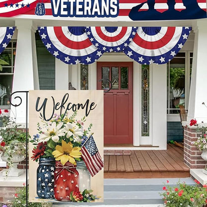 4th of July Mason Jar Flowers Summer Garden Flag 12x18, Patriotic Celebration Double-Sided Decorative Burlap Yard Flag for Memorial Day Independence Day Outside Decoration Holiday Festivities