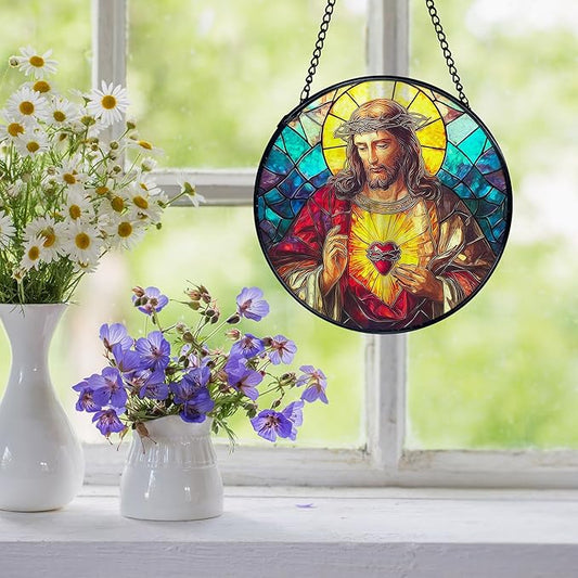 Easter Sacred Heart of Jesus Christian Gigts Suncatcher Stained Glass Window Hanging, Religious Sun Catchers Indoor Window Glass Wall Art Decor, Christian Wall Hanging Decor, 7.9x7.9 Inch
