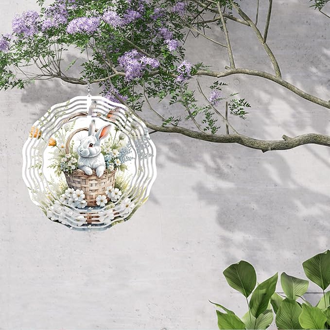 Easter Bunny Wind Spinner Easter Day Gifts 3D Metal Kinetic Hanging Wind Sculpture Spinners for Yard and Garden Indoor Outdoor Window Easter Rabbit Yard Art Garden Decoration 8 Inch (Bunny 2)