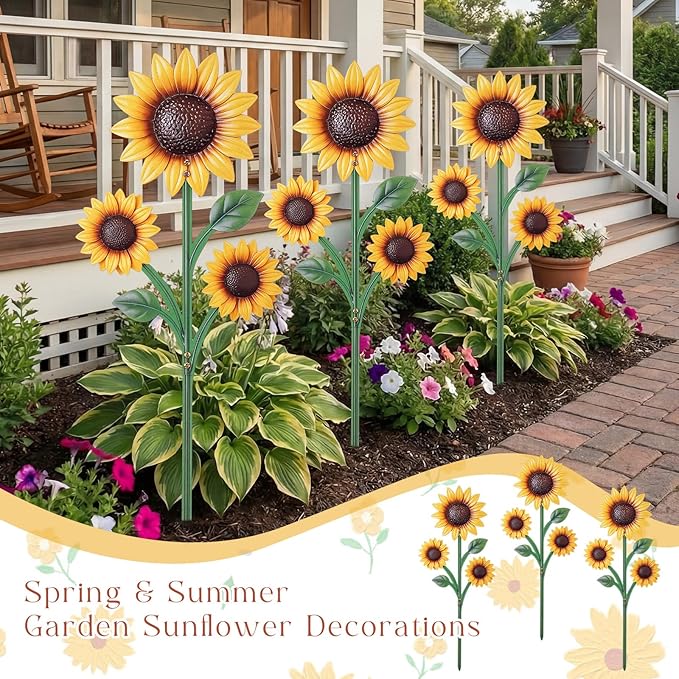 3 Pack Sunflower Garden Stakes Set - Metal Flowers Decoration Spring Summer Outside Yard Art for Lawn, Patio, Pathway
