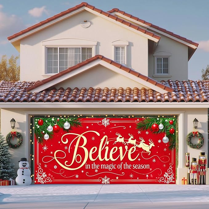 IVN Merry Christmas Happy New Year Believe Garage Door Banner 13x6 ft Christmas Garage Door Cover Wnter Scene Background Indoor Outdoor Red Snowflake Reindeer Holiday Decorations for Home and Events Wall Backdrop Decor