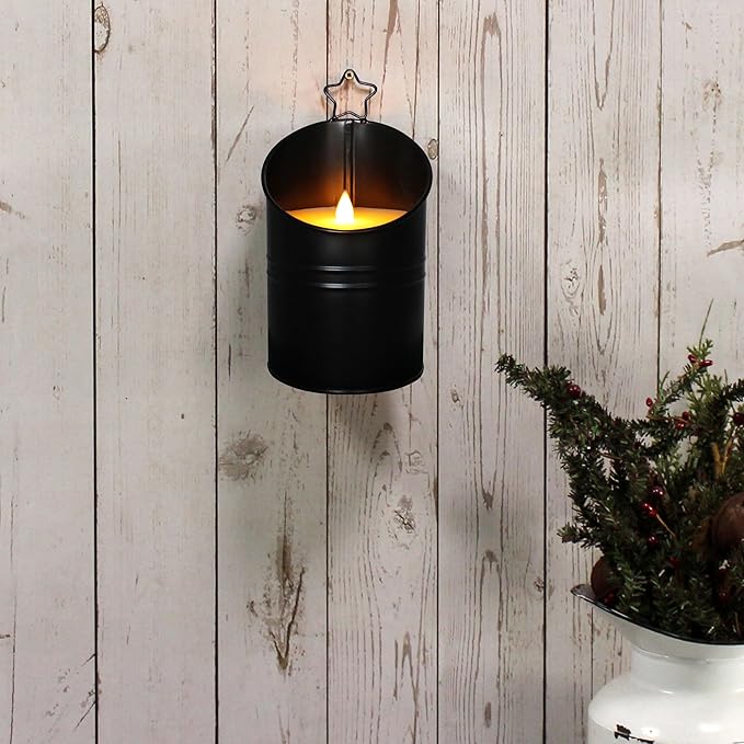 CVHOMEDECO. Vintage Galvanized Can Flameless LED Candle, Real Wax in Antique Galvanized Jar Flickering Candle with Remote Control for Tabletop Wall Decor. H 8 Inch, Black
