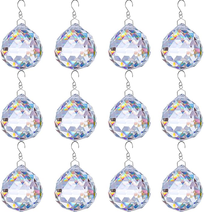 12 PCS Clear Crystal Glass Prism Suncatcher, Christmas Balls Ornaments, Rainbow Pendants Maker, Hanging Crystals Prisms for Windows, Xmas Tree Decorations for Home Decor