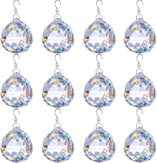 12 PCS Clear Crystal Glass Prism Suncatcher, Christmas Balls Ornaments, Rainbow Pendants Maker, Hanging Crystals Prisms for Windows, Xmas Tree Decorations for Home Decor