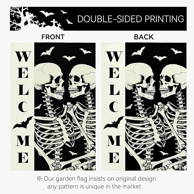 Halloween Welcome Skull Garden Flag Spooky Skeletons Funny Black White Yard Garden Flags Double Sided for Outside Fall Porch Patio Farmhouse Outdoor Decorations 12 x 18 Inch