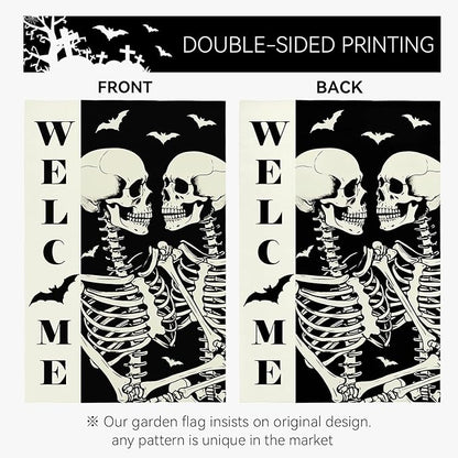 Halloween Welcome Skull Garden Flag Spooky Skeletons Funny Black White Yard Garden Flags Double Sided for Outside Fall Porch Patio Farmhouse Outdoor Decorations 12 x 18 Inch