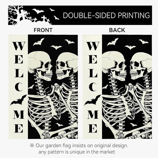 Halloween Welcome Skull Garden Flag Spooky Skeletons Funny Black White Yard Garden Flags Double Sided for Outside Fall Porch Patio Farmhouse Outdoor Decorations 12 x 18 Inch
