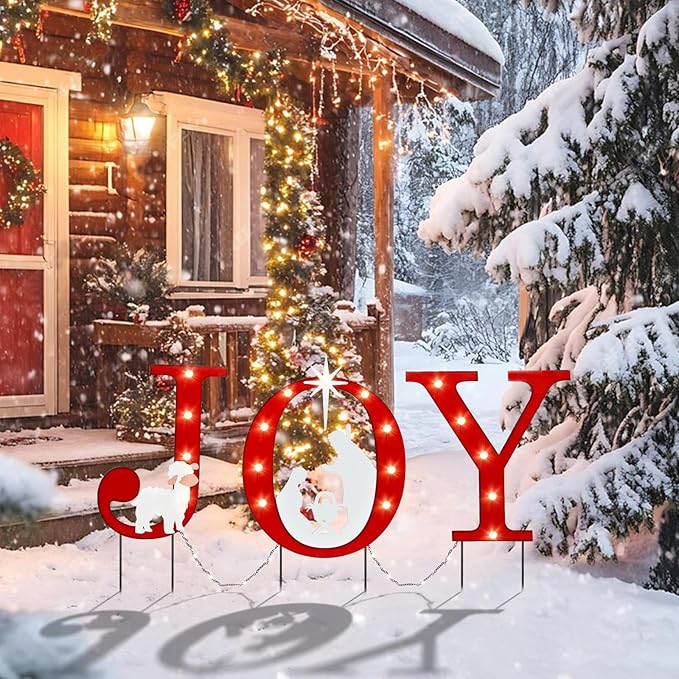 WONDER GARDEN Outdoor Christmas Decorations, 3 PCS Metal Christmas Yard Signs, Joy with Nativity Sets Outdoor and Led Light Xmas Yard Stake for Lawn Religious Scenes Yard Decor