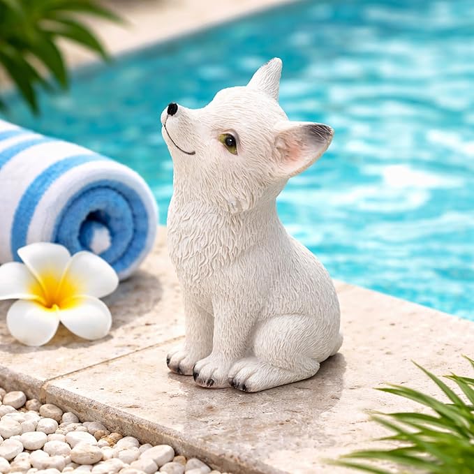 White Fox Figurine - Super Cute Little Sitting Baby Fox Cub Statue, Adorable Resin Sculpture, Decorative Polyresin Animal Ornament, Tabletop Décor for Outdoor Garden Patio Lawn Yard Pool Potted Plant