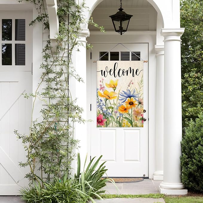 Welcome Flowers House Flags for Outdoor Decoration, Spring Watercolor Floral Large Yard Flag, Decorative Summer Celebration Decor for Seasonal Farmhouse Holiday Outside 28x40 Inch Vertical