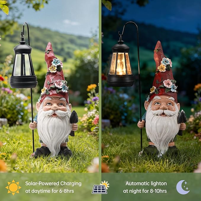 Garden Gnomes Statue with Solar Lantern, Outdoor Gnome Decorations for Yard, Outdoor Figurine Ornament with LED Lights for Patio Lawn, Valentine's Day Birthday Gift for Women Mom Grandma