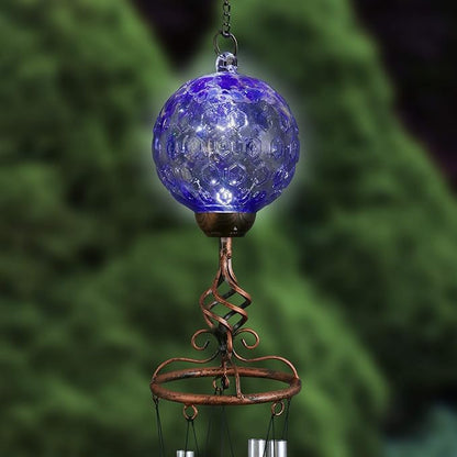 Exhart Wind Chimes, Solar LED Outdoor Garden Lighting, Blue Glass and Metal Wind Chime Lawn and Yard Decoration with Bronze Metal Finial, 5 x 46.5 Inch