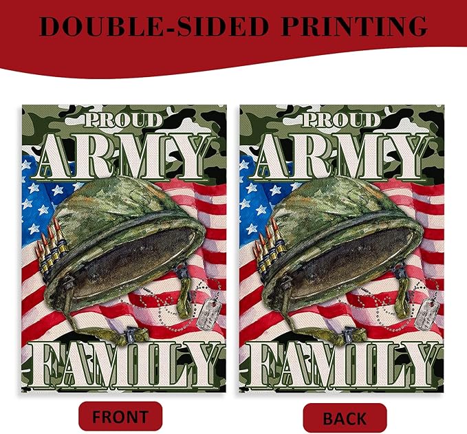 Proud Army Family 4th of July Patriotic Small Garden Flag, American Memorial Day Military Veterans Day Yard USA Armed Forces Rangers Outdoor Home Decoration America Outside Decor 12x18