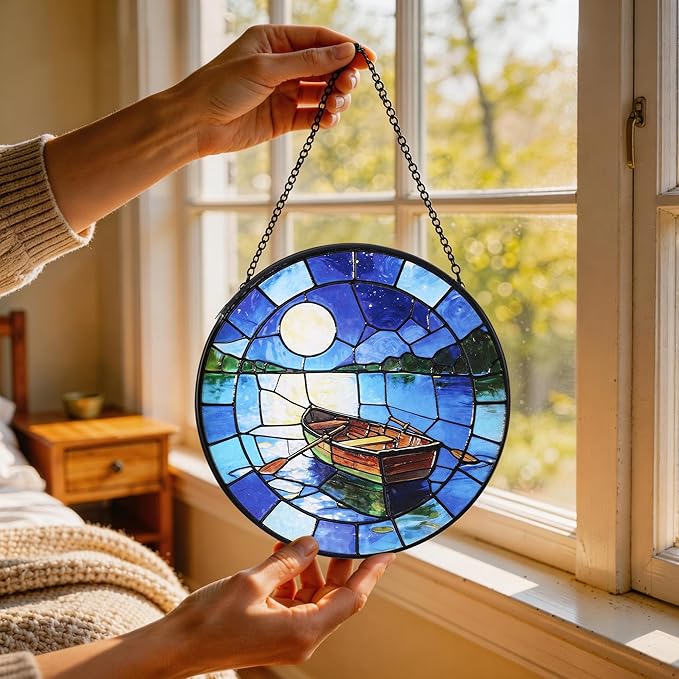 Hanging Stained Glass for Windows,20cm/7.87inch The Boat Beneath the Moon Stained Glass Suncatcher with Chain Garden Diamond Glass Panel Hangings Decoration for Family Friends Colleagues