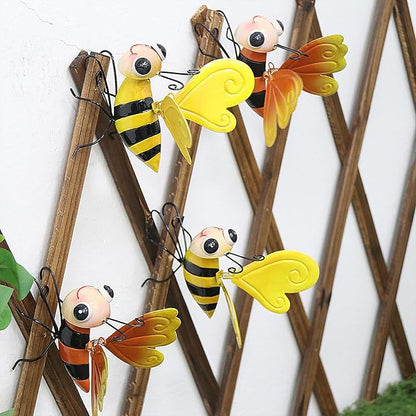 Decorative Garden Bee Sculptures, Yellow and Orange Metal Hanging Outdoor Statues (2)
