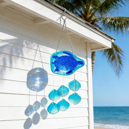 H&D HYALINE & DORA 20 Inch Glass Sea Turtle Wind Chimes Blown Glass Seashell Wind Chimes for Outside Handmade Wind Chime Decorative for Living Room, Bedroom, Beach House
