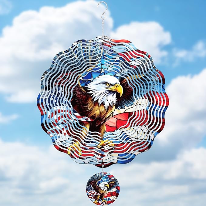 American Eagle Wind Spinner - 3D Stainless Steel Wind Spinners Outdoor Flag Pattern Ornaments Kinetic Spinning Art Hanging 250 Anniversary Patriotic Decor for Patio Lawn Garden Yard Balcony