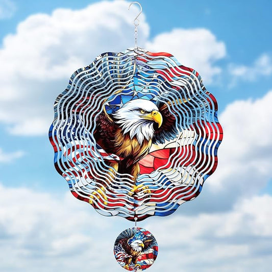 American Eagle Wind Spinner - 3D Stainless Steel Wind Spinners Outdoor Flag Pattern Ornaments Kinetic Spinning Art Hanging 250 Anniversary Patriotic Decor for Patio Lawn Garden Yard Balcony