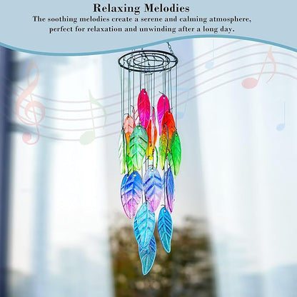 18'' Stained Glass Leaves Wind Chimes for Outside Unique Rainbow Leaves Forest Windchimes Outdoor Decoration Garden Decor