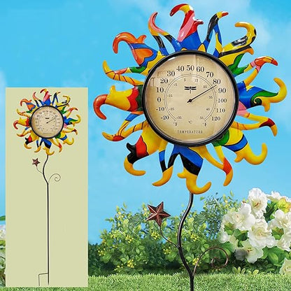 Metal Sun Thermometer Indoor Outdoor Ornament Wall Art Decor, Sun Plaque Sculpture Hanging Mounted for Living Room Bedroom Kitchen Patio for Home or Garden, No Battery Required (YELLOW SUN STAKE)