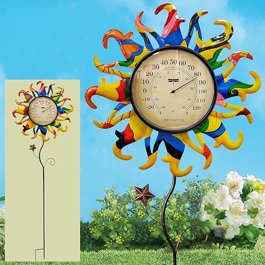 Metal Sun Thermometer Indoor Outdoor Ornament Wall Art Decor, Sun Plaque Sculpture Hanging Mounted for Living Room Bedroom Kitchen Patio for Home or Garden, No Battery Required (YELLOW SUN STAKE)