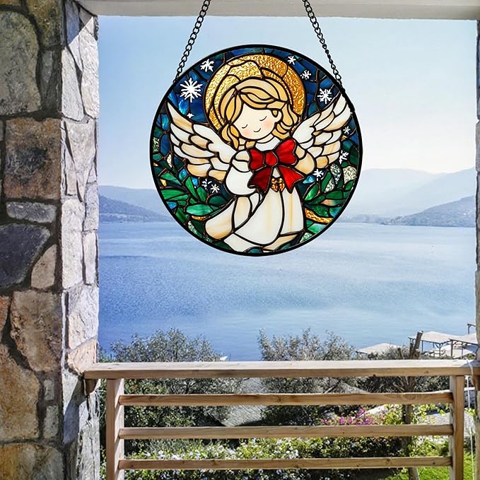 Stained Glass Window Hanging Jesus Cute Angel Large 11.8" - White Angel Suncatcher Door Garden Sun Catcher Home Decor Birthday Christmas for Mom Men Woman Nana Friend Girl