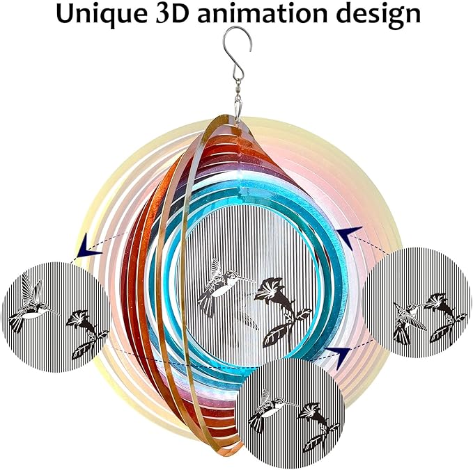 Aoedelyart 3D Animations Hummingbird Wind Spinner for Yard and Garden,12In Metal Wind Spinners Hummingbird Gift for Women Mom Grandma Wife,Outdoor Garden Decor Hanging Kinetic Yard Art Wind Sculpture