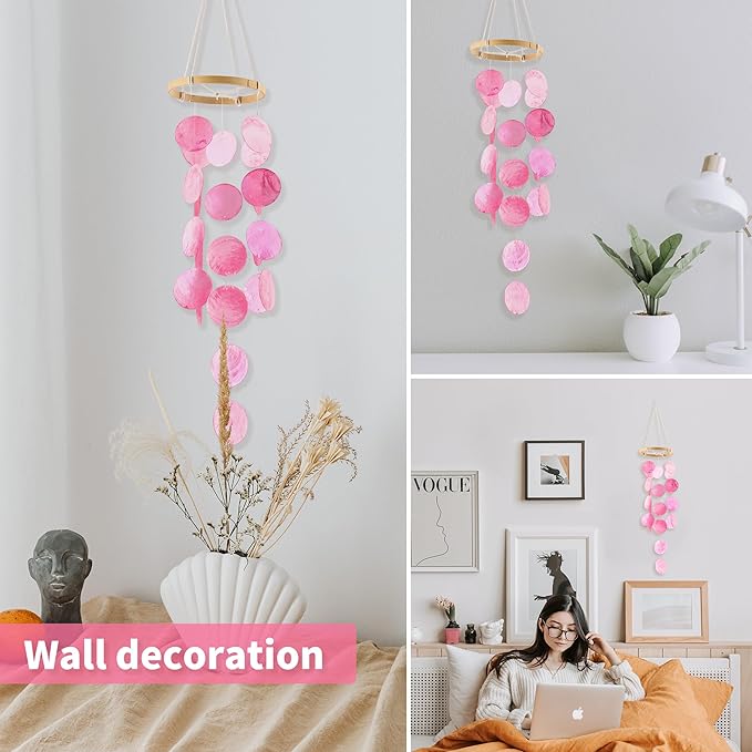 Handmade Capiz Wind Chimes for Outside, Outdoor Seashell Hanging Beach Coast Ocean Home Decorative, Unique Natural Shell Waterfall Windchimes for Summer Patio, Great Memorial Sympathy Gift（Pink