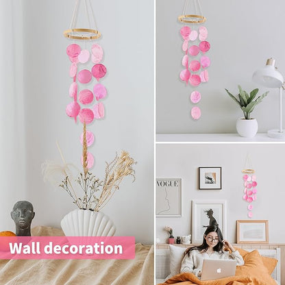 Handmade Capiz Wind Chimes for Outside, Outdoor Seashell Hanging Beach Coast Ocean Home Decorative, Unique Natural Shell Waterfall Windchimes for Summer Patio, Great Memorial Sympathy Gift（Pink