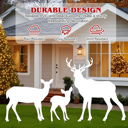 3-Piece Deer Family Silhouette Set 47 Inch Christmas Reindeer Yard Decoration Outdoor Weather-Resistant PVC Xmas Deer Outside Decor for Lawn Garden Pathway Display with 6 Ground Stakes