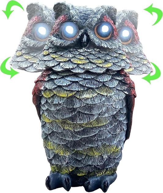 Owls to Keep Birds Away, Solar Owl Decoys to Scare Birds Away, Small Fake Owl for Bird Control, Resin Owls Outdoor Decor with Rotating Head and Lighted Eyes, Animal Deterrent for Outside, Garden