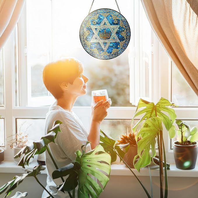 FLAGWIX Hanukkah Gifts for Women Men - Star of David Stained Glass Window Hanging 10 in - Hanukkah Sun Catcher Hanging Decor, Chanukah Suncatchers for Garden Decor, Religious Spiritual Gifts for Mom