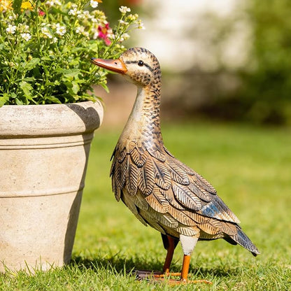 Shorayn Metal Duck Garden Statue, Life-Size Iron Hen Mallard, Handmade Gray Duck Yard Decor, Indoor Outdoor Ornament, Gift for Housewarming/Mother’s Day/Christmas
